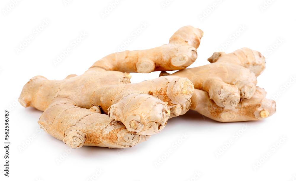 Fresh ginger roots on white background