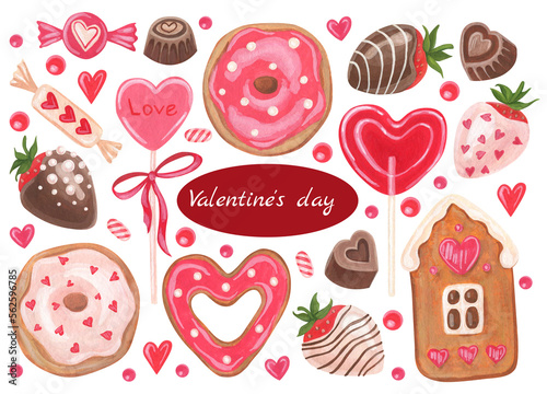 Set of isolated watercolor and gouache elements. Valentine's day.  Sweets. Hearts. Chocolate-covered strawberries. Candy.  Gingerbread. Color illustration. The print is used for packaging design