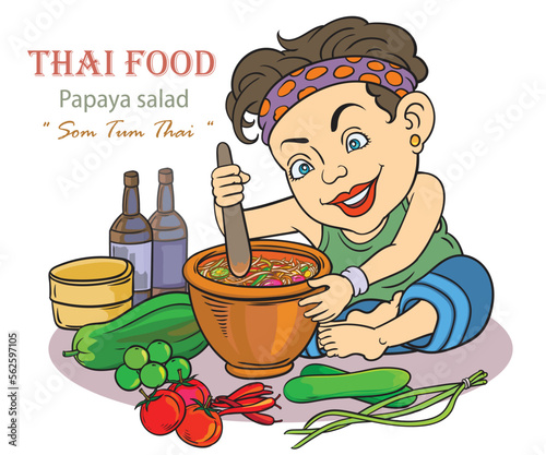 Young women cooking Thai food papaya salad. Pop art retro illustration comic Style Vector, Separate images of people from the background.