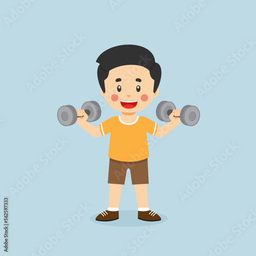 Little Boy Workout With Lift Dumbbell