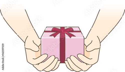 ピンク色のプレゼントを渡そうとしている手（途切れ線の輪郭）