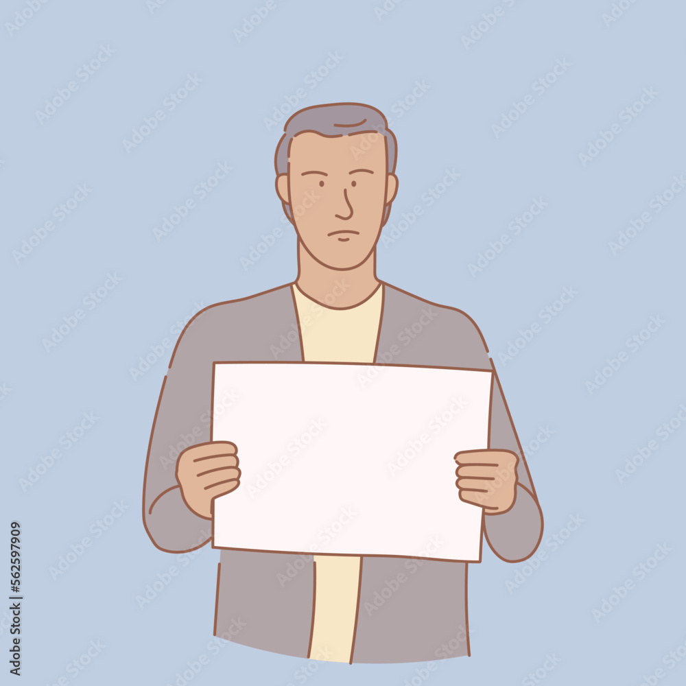 man hold empty blank space for template board with outline or line and clean simple people style man hold empty blank space for template board with outline or line and clean simple people style