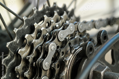 detail of sprockets and chain in bicycle transmission, sprocket chain concept