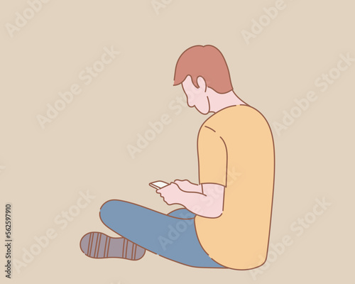 man sit down on floor view from behind side chek mobile phone with outline or line and clean simple people style