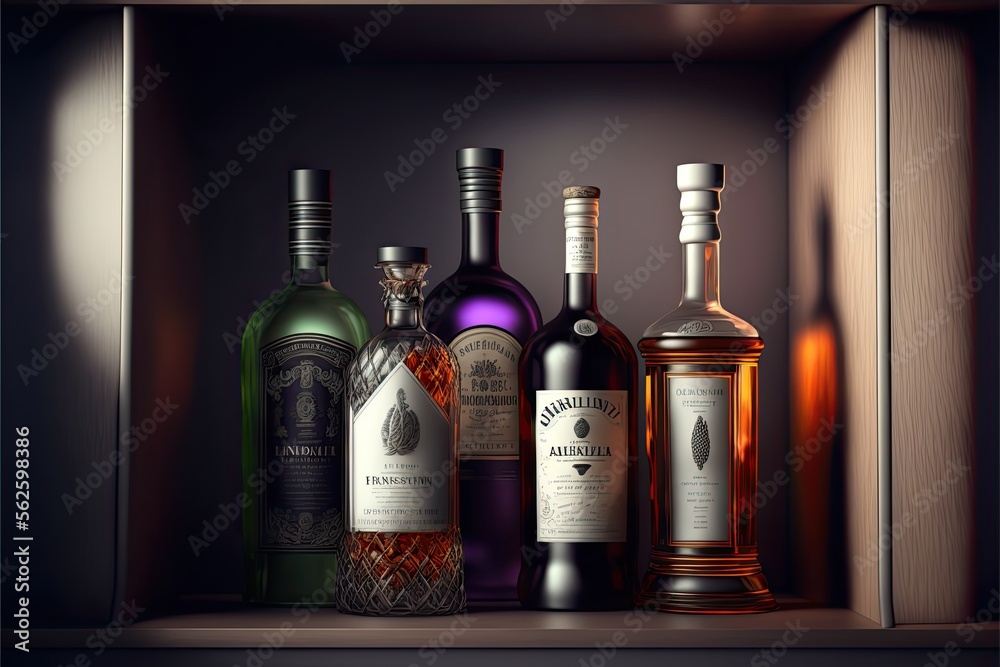 AI-generated illustration of a lineup of liquor bottles. MidJourney. AI-generated illustration of a lineup of liquor bottles. MidJourney.