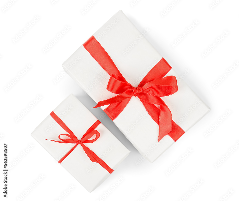 Gift boxes with red satin ribbon isolated on white background. Valentine's Day celebration Gift boxes with red satin ribbon isolated on white background. Valentine's Day celebration