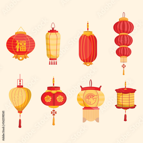 Asian cartoon Lantern concept icon set. Chinatown and Chinatown festival paper lantern element vector illustration on white background.