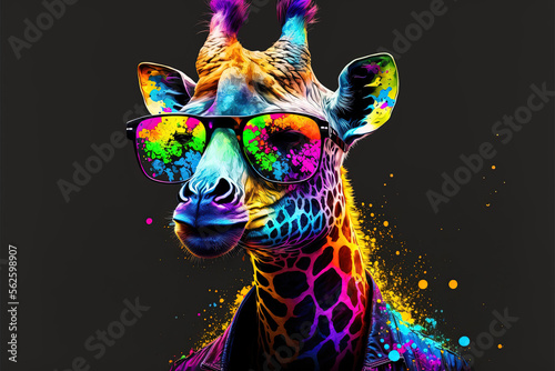 art neon. giraffe with hoodie and colored sunglasses. colored. art