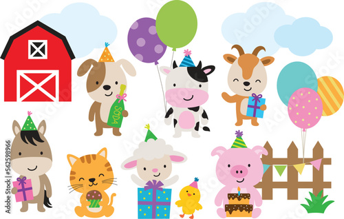 Farm barn animals having a birthday party vector illustration. Animals include a cow, dog, goat, horse, cat, sheep, chicken, and pig.