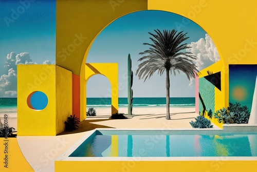 Mediterranean villa of opulence overlooking the summer ocean beach with magnificent architecture collage of yellow pillars and arches - generative AI illustration.	