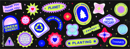 Set Collection of elements patches, labels, tags, stickers, and stamps. Zero waste, Planet, plants, recycle, save the planet.  Vector set, trendy