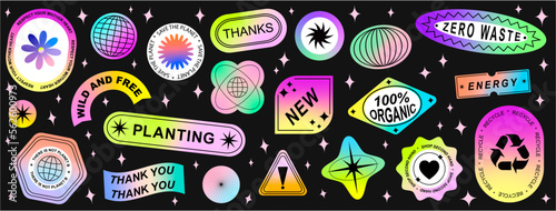 Set Collection of elements patches, labels, tags, stickers, and stamps. Zero waste, Planet, plants, recycle, save the planet.  Vector set, trendy