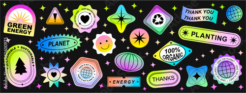 Set Collection of elements patches, labels, tags, stickers, and stamps. Zero waste, Planet, plants, recycle, save the planet.  Vector set, trendy