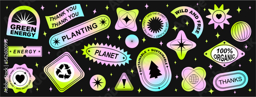 Set Collection of elements patches, labels, tags, stickers, and stamps. Zero waste, Planet, plants, recycle, save the planet.  Vector set, trendy