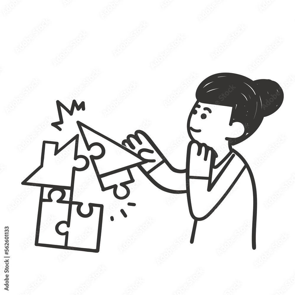 hand drawn doodle person trying to put together a jigsaw house puzzle illustration hand drawn doodle person trying to put together a jigsaw house puzzle illustration