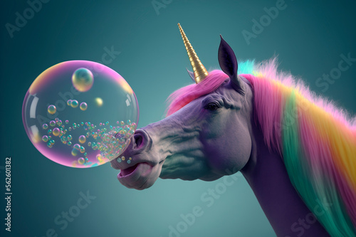 Fairytale unicorn blows soap bubbles. Generative AI