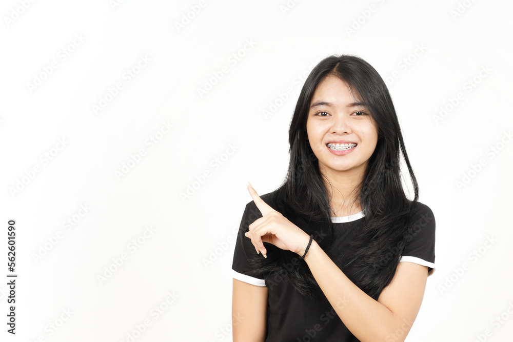 Showing Product and Pointing Side using forefinger Of Beautiful Asian Woman Isolated On White Showing Product and Pointing Side using forefinger Of Beautiful Asian Woman Isolated On White