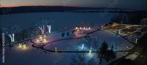 Christmas Lights At Lakefront Park On St. Croix In Hudson Wisconsin - Drone