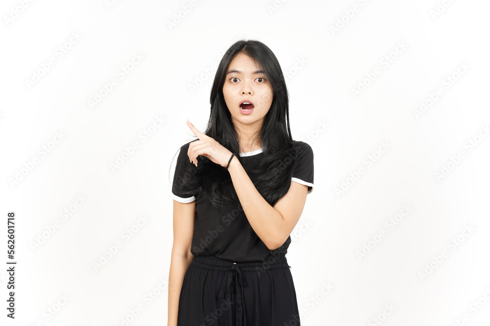 Shocked face Showing Product and Pointing Side using forefinger Of Beautiful Asian Woman Shocked face Showing Product and Pointing Side using forefinger Of Beautiful Asian Woman