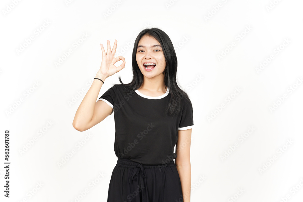Smiling and Showing OK Sign Of Beautiful Asian Woman Isolated On White Background