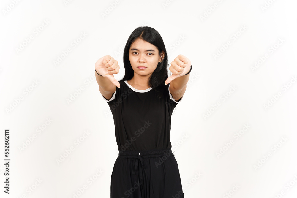 Showing Thumbs Down Sign Of Beautiful Asian Woman Isolated On White Background Showing Thumbs Down Sign Of Beautiful Asian Woman Isolated On White Background
