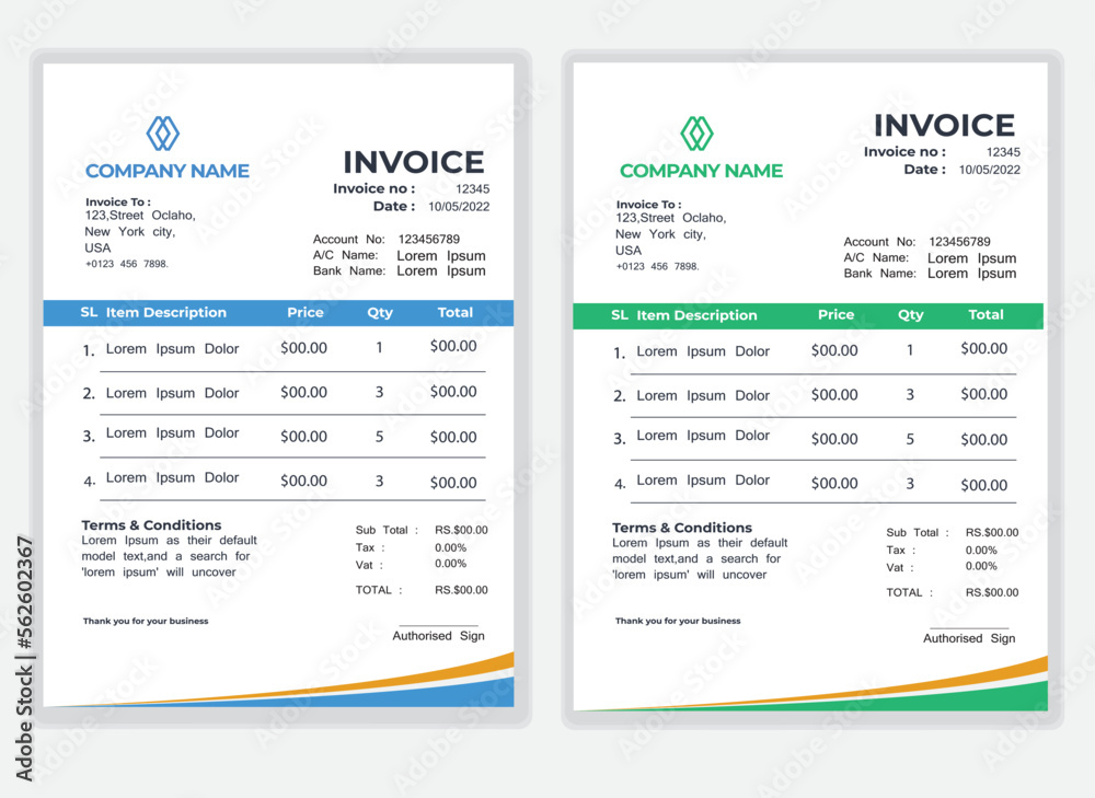 Fototapeta premium Business Minimal Corporate Invoice design template vector illustration bill form price . Creative template and stationery design payment agreement design template Cash Memo, Vector Quotation Design