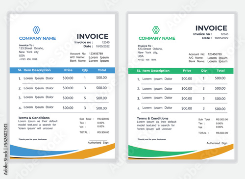 Business Minimal Corporate Invoice design template vector illustration bill form price . Creative template and stationery design payment agreement design template Cash Memo, Vector Quotation Design