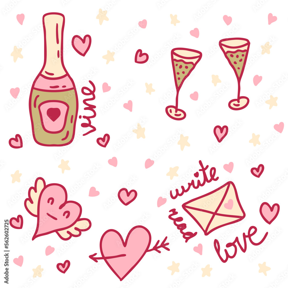 Valentine's Day elements collection for stickers, tee, cards. Retro style design. Doodle vector illustration.