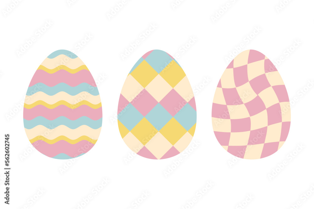 Easter eggs сlipart collection in 1970 retro style. Perfect for stickers, cards, print. Isolated vector illustration for decor and design.