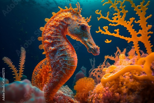 orange seahorse in coral reef
