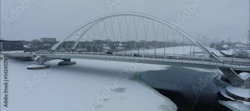 Rotating Aerial View Of Lowry Bridge In NE Minneapolis Minnesota In Winter photo