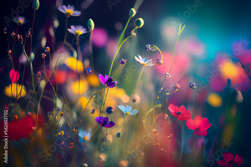 Fotografie, Tablou beautiful digital art realistic painting of a meadow full of wildflowers, a variety of colors, sway in the breeze, soften, bokeh background