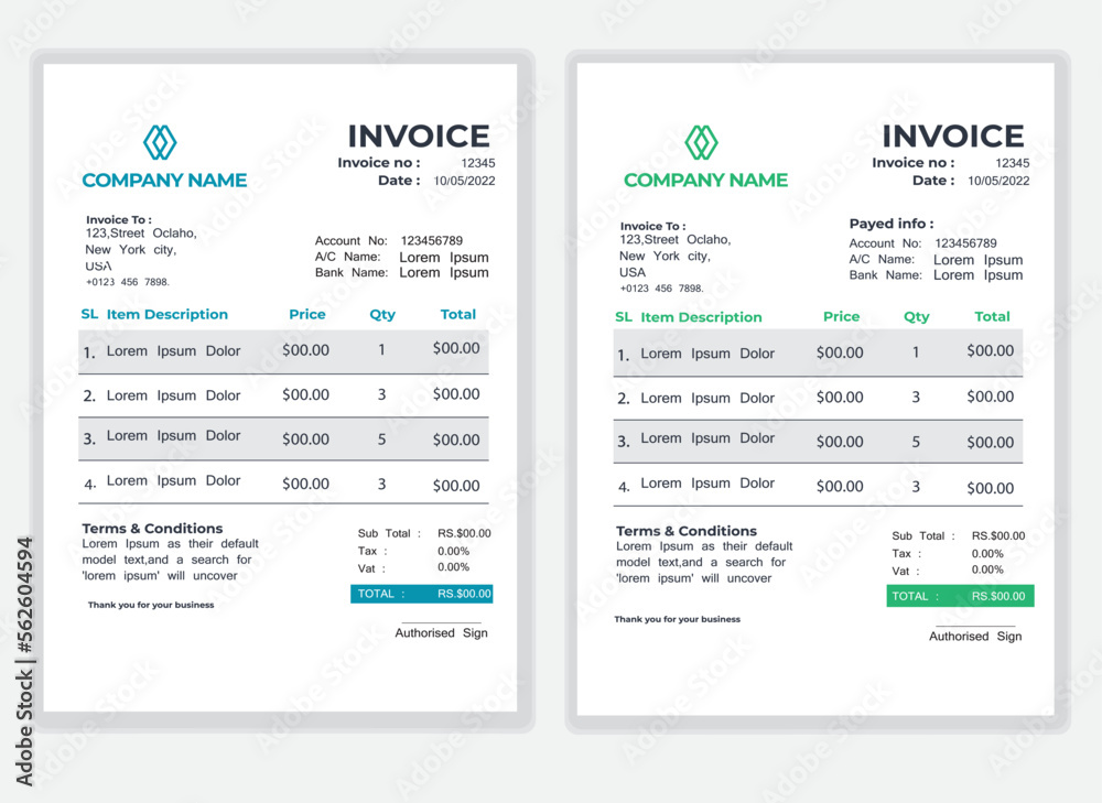 Business Minimal Corporate Invoice design template vector illustration bill form price . Creative template and stationery design payment agreement design template Cash Memo, Vector Quotation Design