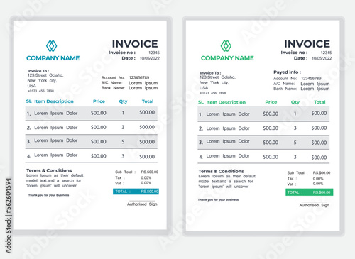 Business Minimal Corporate Invoice design template vector illustration bill form price . Creative template and stationery design payment agreement design template Cash Memo, Vector Quotation Design
