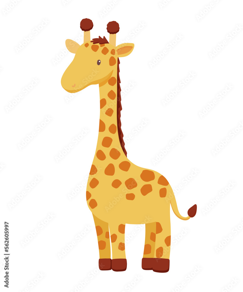 Cute giraffe in cartoon style. Drawing african baby wild animal isolated on white background. Vector sweet giraffe for kids poster and card. Jungle safari animal