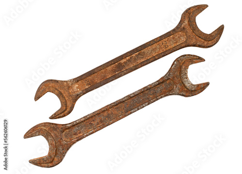 Two old rusty wrenches. Wrenches on a white background.