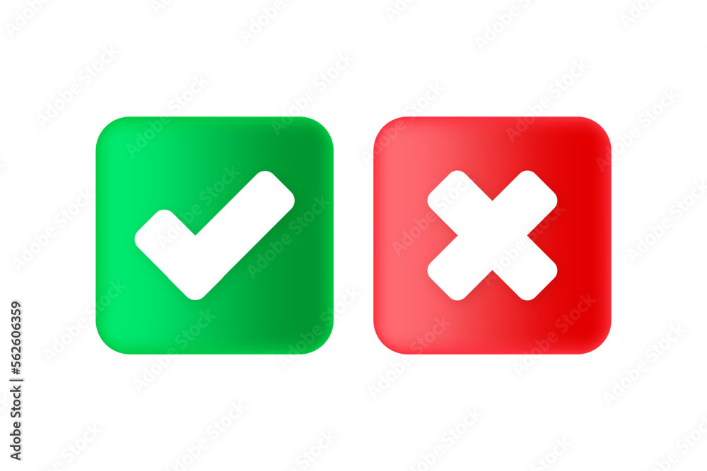 Green tick check mark and cross mark symbols icon element in square in 3D design. Checkmark symbol accepted and rejected. Vector illustration. Green tick check mark and cross mark symbols icon element in square in 3D design. Checkmark symbol accepted and rejected. Vector illustration.
