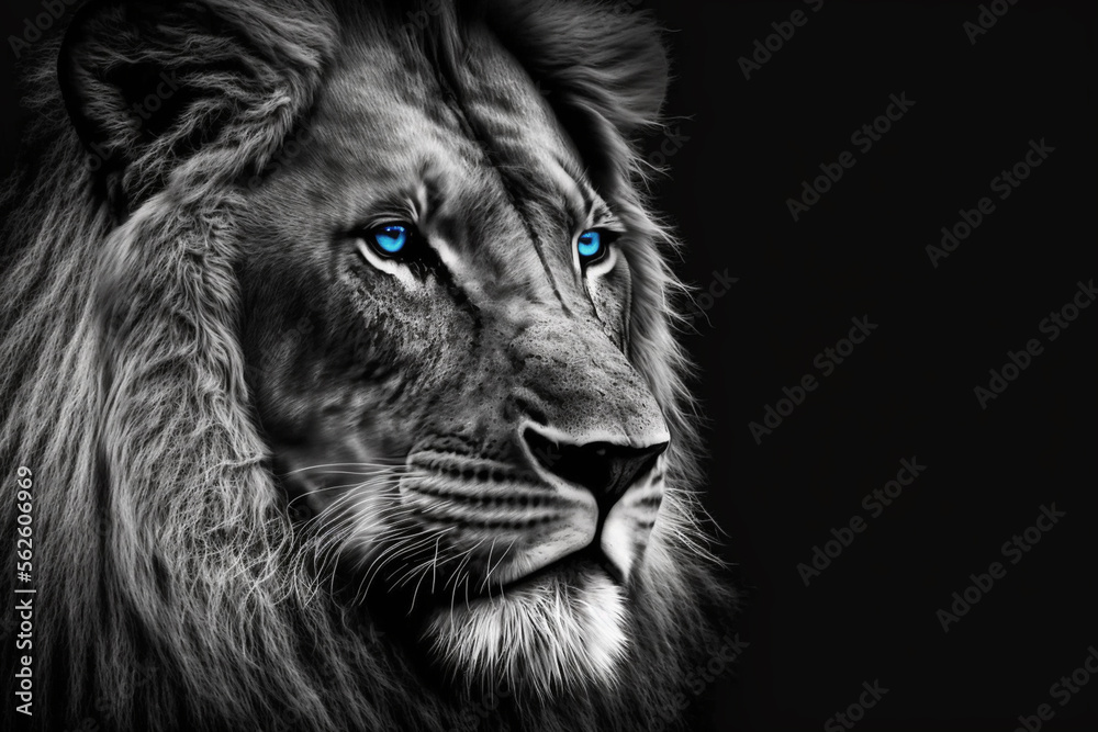 lion in black and white with blue eyes, empty blank space 素材庫插圖 Adobe