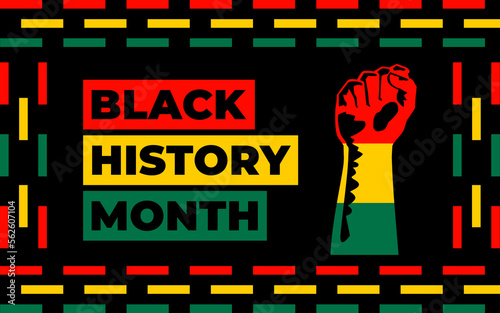 Black history month 2023 Celebration Background.  Black History Month text with human Fist and Seamless Pattern. Celebrated annually in February in the USA and Canada.