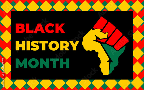 Black history month 2023 Celebration Background.  Black History Month text with human Fist and Seamless Pattern. Celebrated annually in February in the USA and Canada.