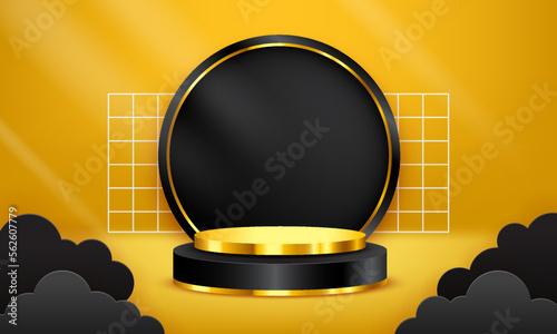 3D Podium. Blank scene background with golden color. Blank podium, suitable for product presentation, mock up, show product, stage pedestal or platform. 3D Vector