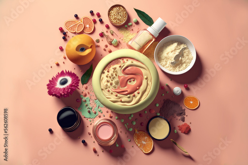 Cosmetics products and their ingredients, 3d illustration made with Generative AI