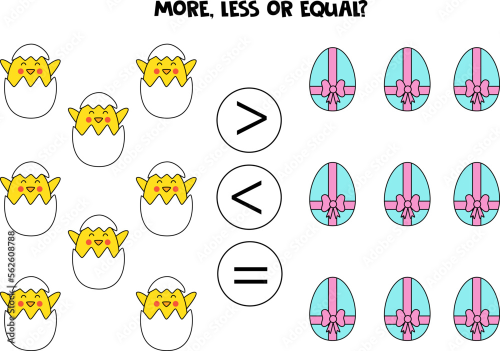 More, less or equal with cartoon Easter eggs and chicks.