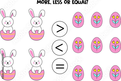 More, less or equal with cartoon Easter bunnies and chicks.