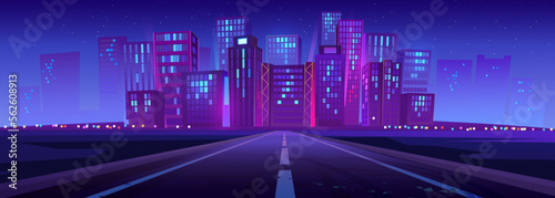 Skyline with city buildings, road and stars at night. Landscape with cityscape, empty street, modern houses and skyscrapers on horizon, vector cartoon illustration