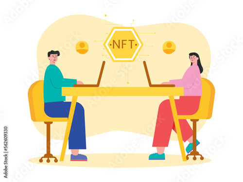 Employees at work creating and buying digital works in the crypto currency business. Working with laptop. Office work situation.