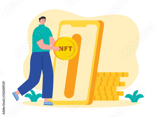 Man making an investment in NFT. A cryptocurrency coin.