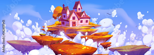 Fantasy house floating on island in blue sky with fluffy white clouds. Vector cartoon illustration of flying land platforms with autumn landscape, rural cottage with red roof, yellow trees and grass