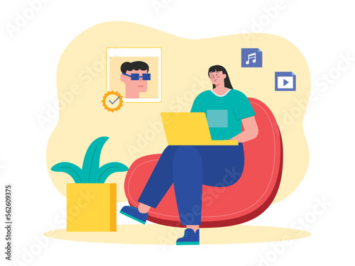 NFT art business. NFT commercial rights. Character sitting, working with laptop.