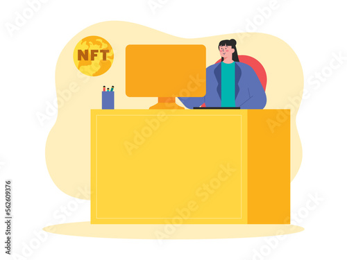 Character is working at the computer. Business developer NFT. NFT production company.